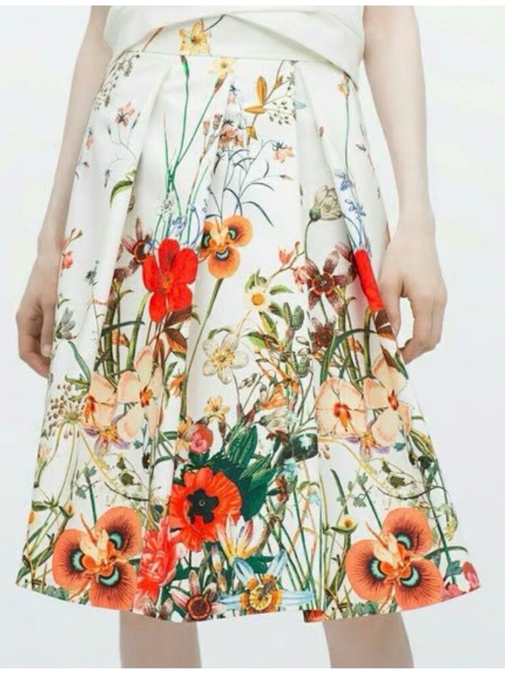 Zara White Floral Skirt with Orange & Green Accents